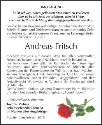 Traueranzeige von Andreas Fritsch von WVG - Wochenspiegel Merseburg