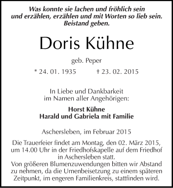 Traueranzeige von Doris Kühne von Mitteldeutsche Zeitung Aschersleben