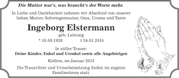 Traueranzeige von Ingeborg Elstermann von WVG - Wochenspiegel Dessau / Köthen