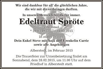 Traueranzeige von Edeltraut Spröte von Super Sonntag SGH Mansf. Land