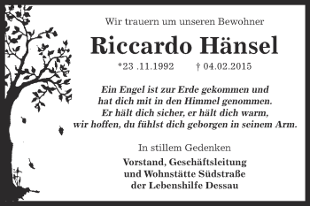 Traueranzeige von Riccardo Hänsel von Super Sonntag Dessau / Köthen