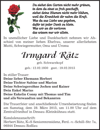 Traueranzeige von Irmgard Rätz von Mitteldeutsche Zeitung Dessau-Roßlau