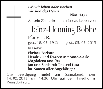 Traueranzeige von Heinz-Henning Bobbe von Mitteldeutsche Zeitung