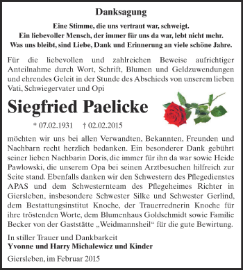 Traueranzeige von Siegfried Paelicke von WVG - Wochenspiegel Aschersleben