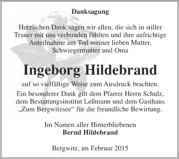 Traueranzeige von Ingeborg Hildebrand von WVG - Wochenspiegel Wittenberg