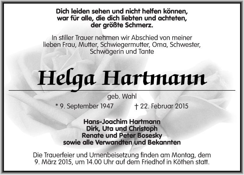  Traueranzeige für Helga Hartmann vom 26.02.2015 aus Mitteldeutsche Zeitung Köthen