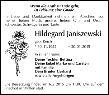 Traueranzeige von Hildegard Janiszewski von Mitteldeutsche Zeitung Bitterfeld