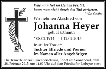 Traueranzeige von Johanna Heyer von Mitteldeutsche Zeitung Halle/Saalkreis