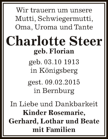 Traueranzeige von Charlotte Steer von Super Sonntag Bernburg