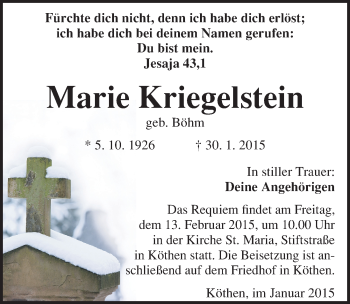 Traueranzeige von Marie Kriegelstein von Mitteldeutsche Zeitung Köthen