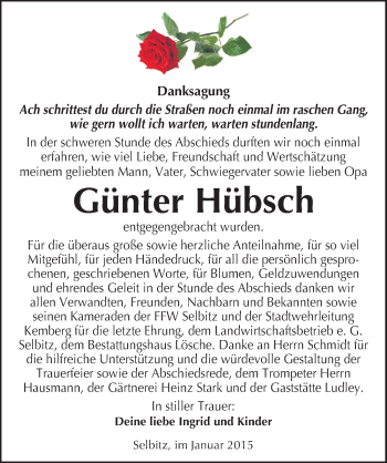 Traueranzeige von Günter Hübsch von Mitteldeutsche Zeitung Wittenberg