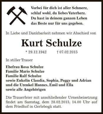 Traueranzeige von Kurt Schulze von Super Sonntag Bernburg