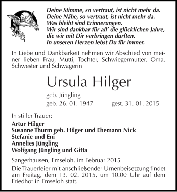 Traueranzeige von Ursula Hilger von Mitteldeutsche Zeitung Sangerhausen