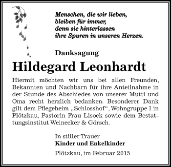 Traueranzeige von Hildegard Leonhardt von Mitteldeutsche Zeitung Bernburg