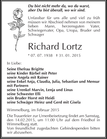 Traueranzeige von Richard Lortz von Mitteldeutsche Zeitung Mansfelder Land