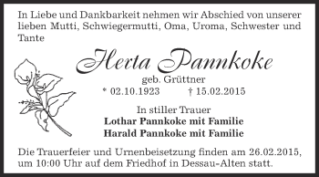 Traueranzeige von Herta Pannkoke von WVG - Wochenspiegel Dessau / Köthen