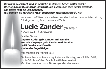 Traueranzeige von Lucie Zander von Super Sonntag Aschersleben