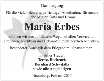 Traueranzeige von Maria Erbes von WVG - Wochenspiegel NMB / WSF / ZTZ