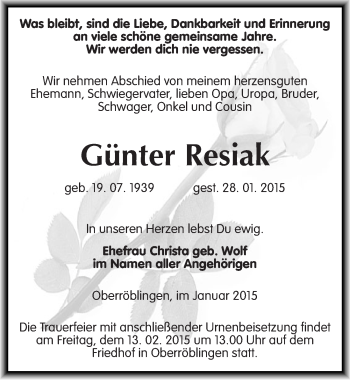 Traueranzeige von Günter Resiak von Mitteldeutsche Zeitung Sangerhausen