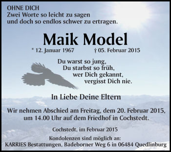 Traueranzeige von Maik Model von WVG - Wochenspiegel Quedlinburg