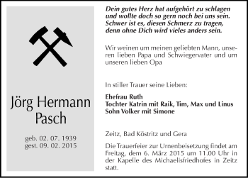 Traueranzeige von Jörg Hermann Pasch von Mitteldeutsche Zeitung Zeitz
