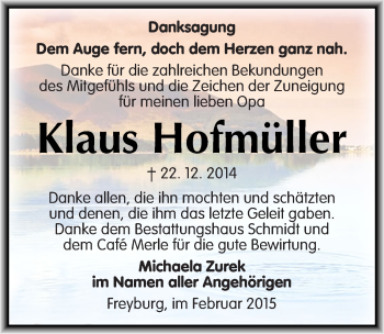 Traueranzeige von Klaus Hofmüller von Mitteldeutsche Zeitung Naumburg/Nebra