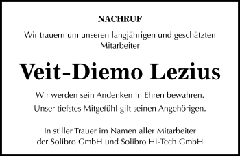 Traueranzeige von Veit-Diemo Lezius von Mitteldeutsche Zeitung Köthen