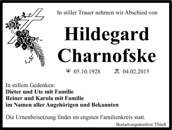 Traueranzeige von Hildegard Charnofske von Mitteldeutsche Zeitung Quedlinburg