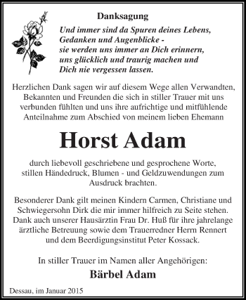 Traueranzeige von Horst Adam von WVG - Wochenspiegel Dessau / Köthen