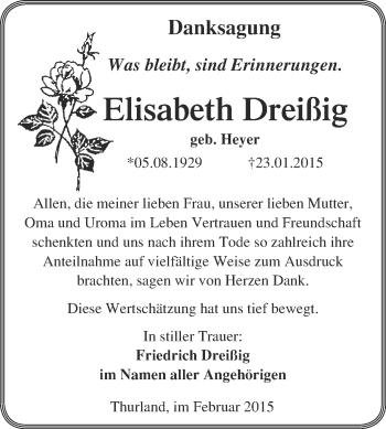 Traueranzeige von Elisabeth Dreißig von WVG - Wochenspiegel Bitterfeld