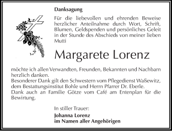 Traueranzeige von Margarete Lorenz von Mitteldeutsche Zeitung Merseburg/Querfurt