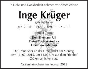Traueranzeige von Inge Krüger von WVG - Wochenspiegel Wittenberg