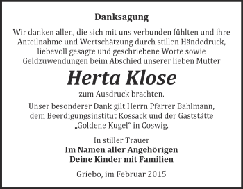Traueranzeige von Herta Klose von Super Sonntag Wittenberg