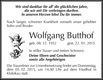 Traueranzeige von Wolfgang Butthof von WVG - Wochenspiegel Merseburg