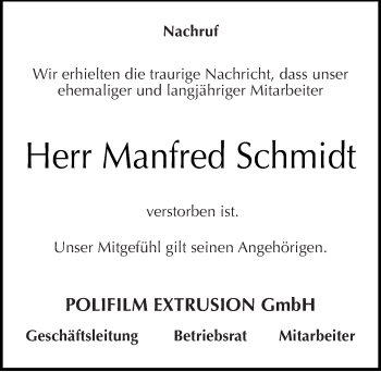 Traueranzeige von Manfred Schmidt von Mitteldeutsche Zeitung Köthen