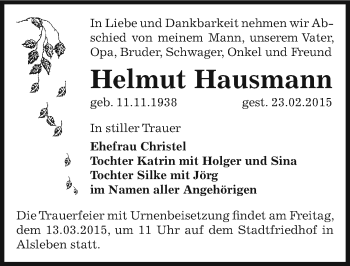 Traueranzeige von Helmut Hausmann von Mitteldeutsche Zeitung Bernburg