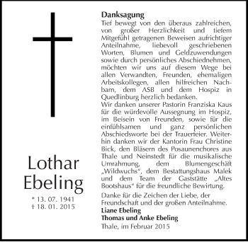 Traueranzeige von Lothar Ebeling von Mitteldeutsche Zeitung Quedlinburg