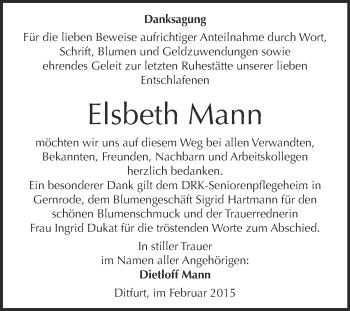 Traueranzeige von Elsbeth Mann von WVG - Wochenspiegel Quedlinburg
