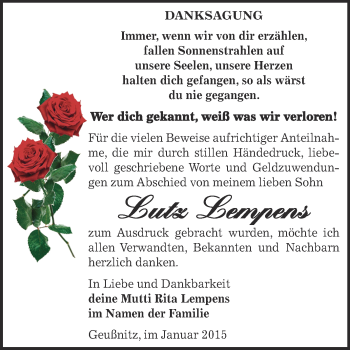 Traueranzeige von Lutz Lempens von Super Sonntag Zeitz