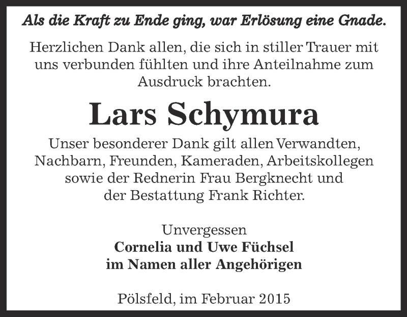  Traueranzeige für Lars Schymura vom 08.02.2015 aus Super Sonntag SGH Mansf. Land