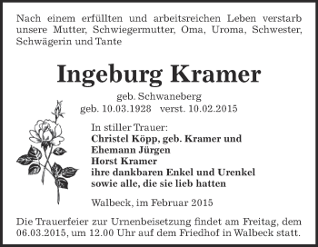 Traueranzeige von Ingeburg Kramer von Wochenspiegel Mansfelder Land