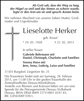 Traueranzeige von Lieselotte Herker von Mitteldeutsche Zeitung Dessau-Roßlau