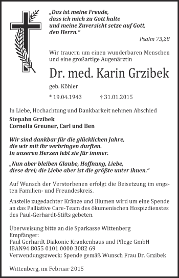 Traueranzeige von Karin Grzibek von WVG - Wochenspiegel Wittenberg