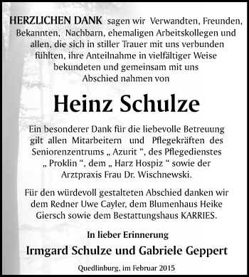 Traueranzeige von Heinz Schulze von WVG - Wochenspiegel Quedlinburg