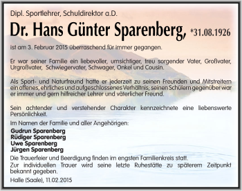 Traueranzeige von Hans Günter Sparenberg von Mitteldeutsche Zeitung Halle/Saalkreis