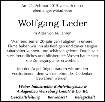 Traueranzeige von Wolfgang Leder von Mitteldeutsche Zeitung