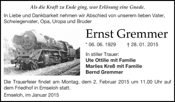 Traueranzeige von Ernst Gremmer von Super Sonntag SGH Mansf. Land