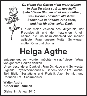 Traueranzeige von Helga Agthe von WVG - Wochenspiegel NMB / WSF / ZTZ