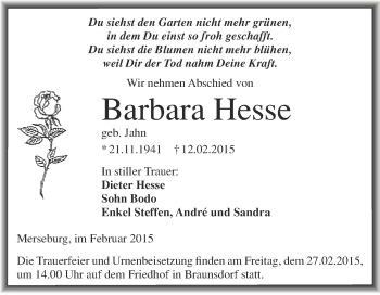 Traueranzeige von Barbara Hesse von WVG - Wochenspiegel Merseburg