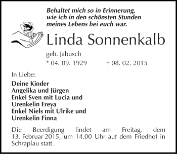 Traueranzeige von Linda Sonnenkalb von Mitteldeutsche Zeitung Merseburg/Querfurt